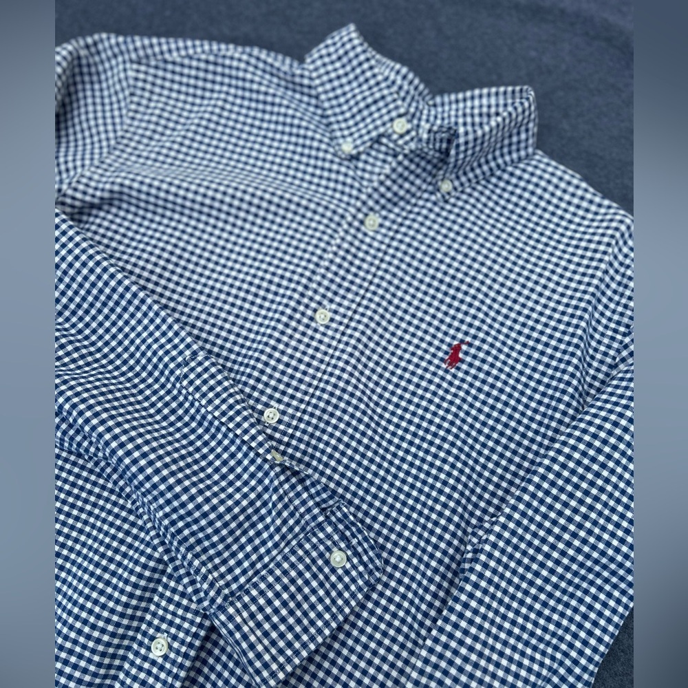 VTG Polo Ralph Lauren size M men’s gingham check Classic Navy Button Down Shirt